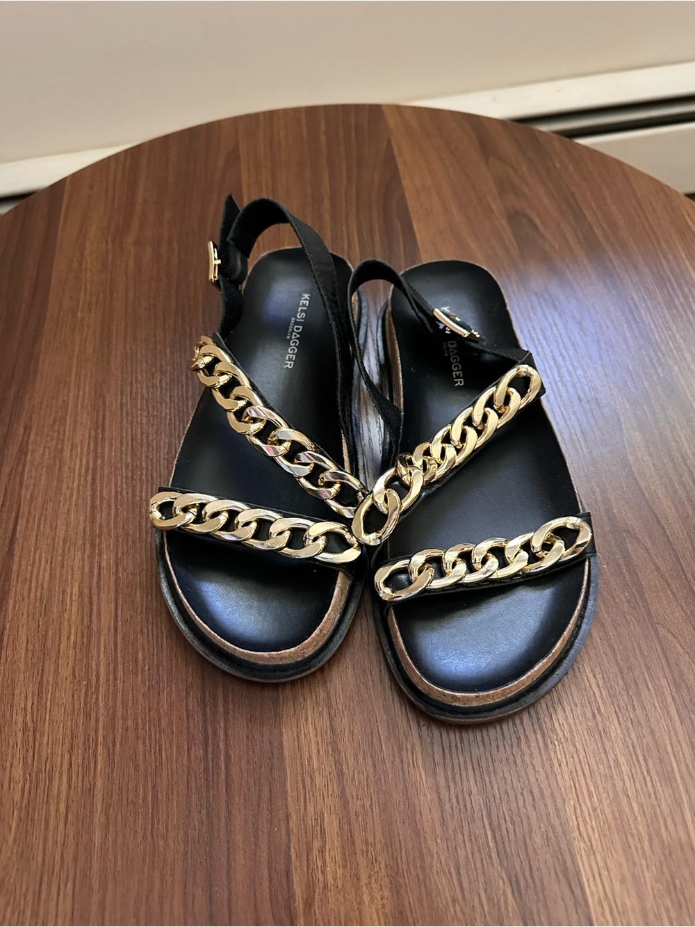 Kelsi DaggerScript Black Sandals size 7 with Gold Chain Accent